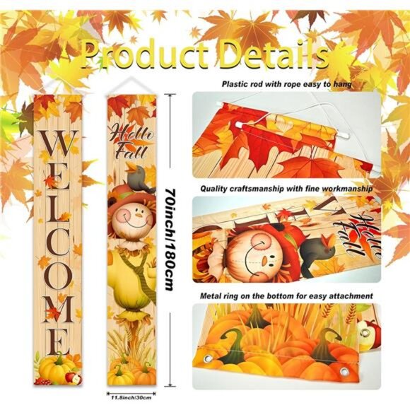 Fall Scarecrow Porch Banner Sign Welcome Fall Pumpkin Maple Leaf Banners Autumn - Picture 2 of 7